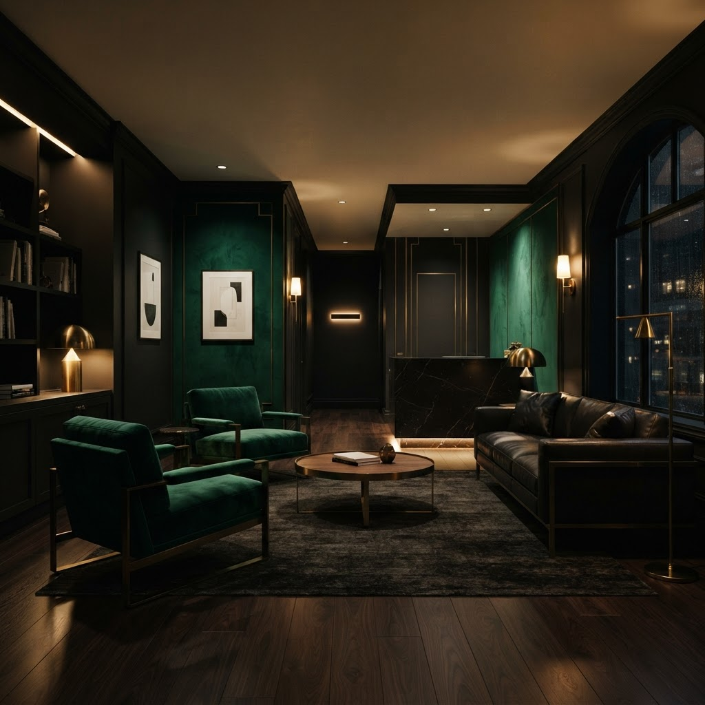 Dark, moody interior of a high-end concierge wellness clinic lounge