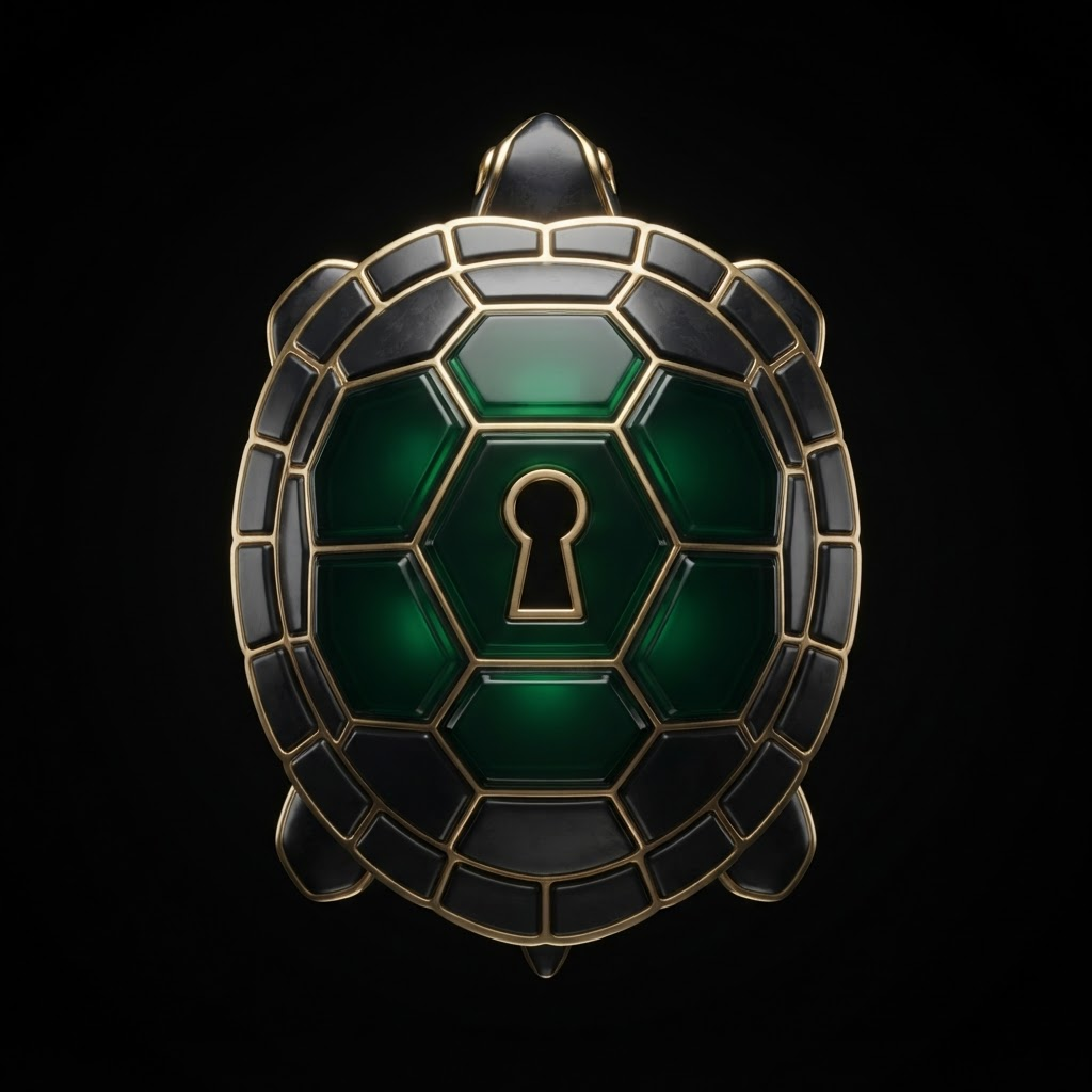 Wild Luxury Solutions turtle-shell keyhole emblem, rendered in dark glass with emerald and gold facets